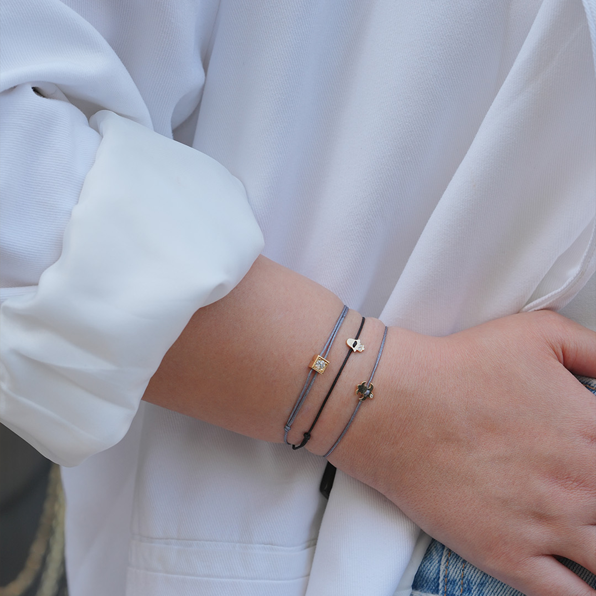 Twin Stones Hamsa Gold Cord Bracelet