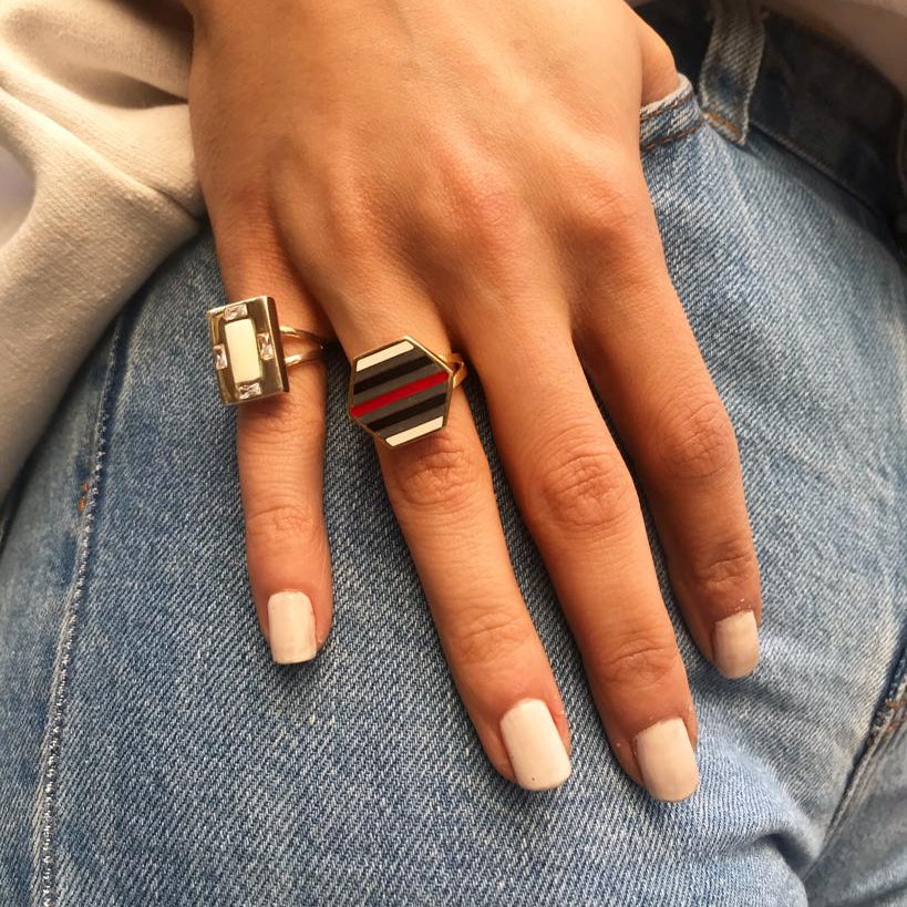 Rectangle Enamel Side Ring with Stones